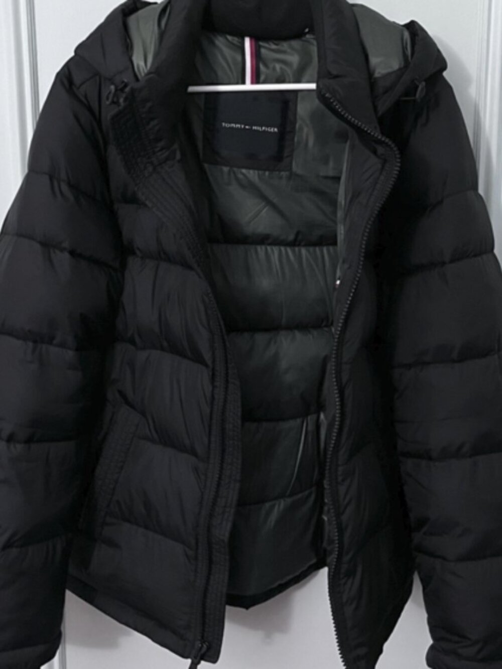Tommy Hilfiger Mens Black Green Long Sleeve Hooded Puffer Jacket Sz M